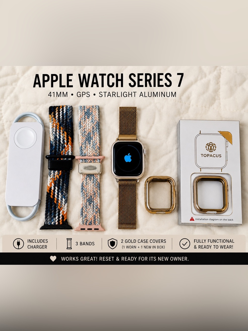 Ape Watch Series 7 GPS 41mm Starlight + Charger 3 Bands & 2 God Color Cases